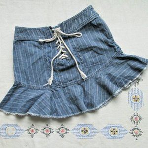 Free People Denim Mini Skirt w Lace Up Front and Ruffle Hem
